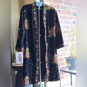 Zara Black Velvet  Kimono Coat with Floral Embroidery